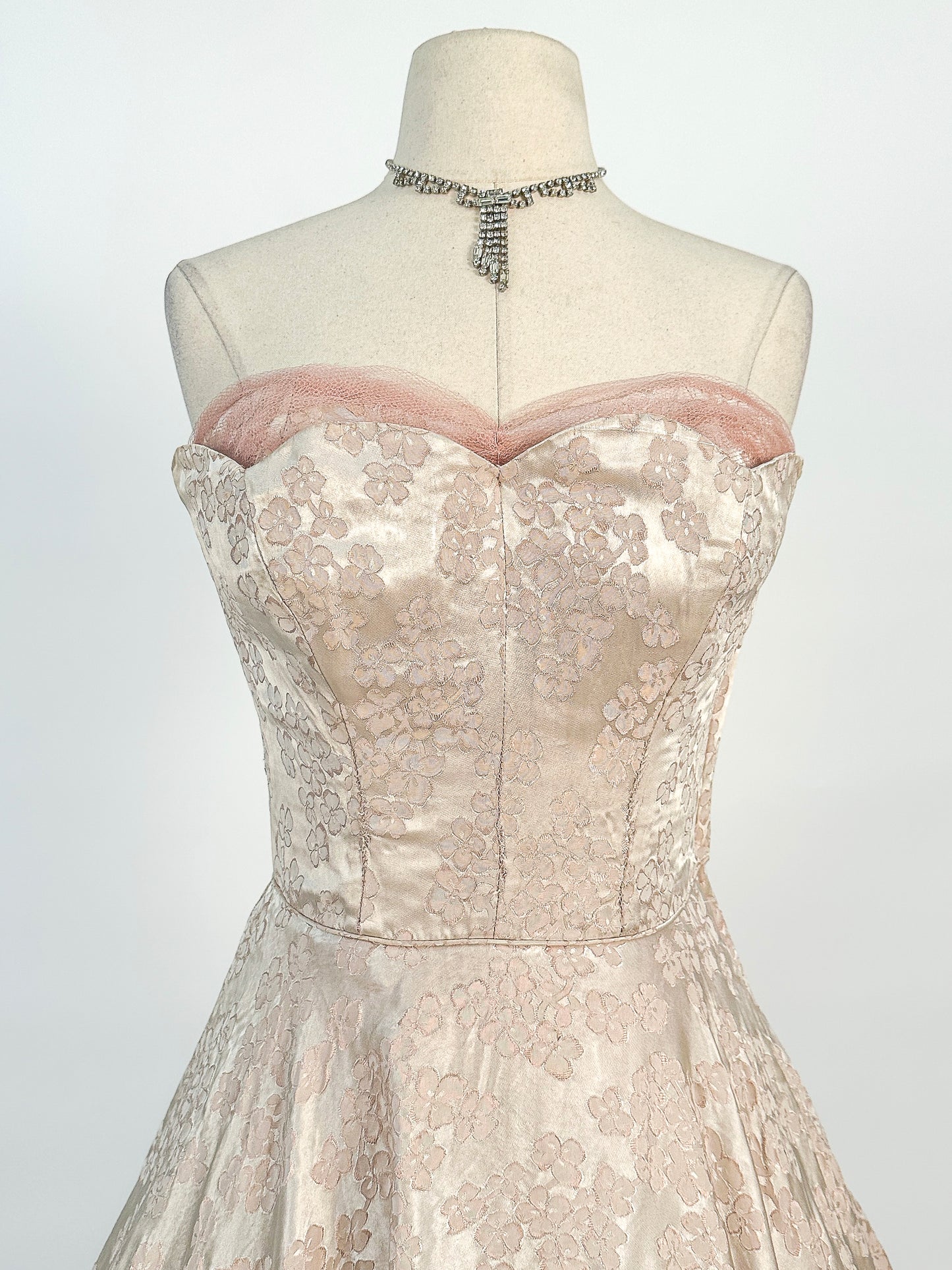 1950s Embossed Satin and Tulle Party Dress / Waist 26