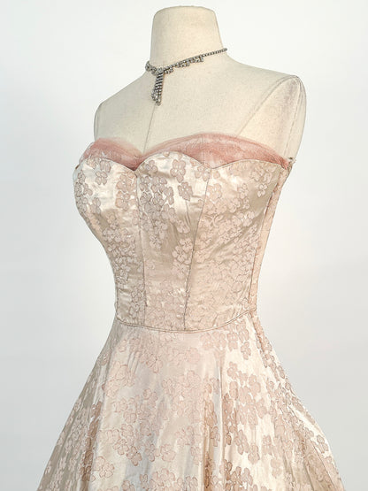 1950s Embossed Satin and Tulle Party Dress / Waist 26