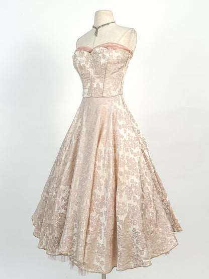 1950s Embossed Satin and Tulle Party Dress / Waist 26