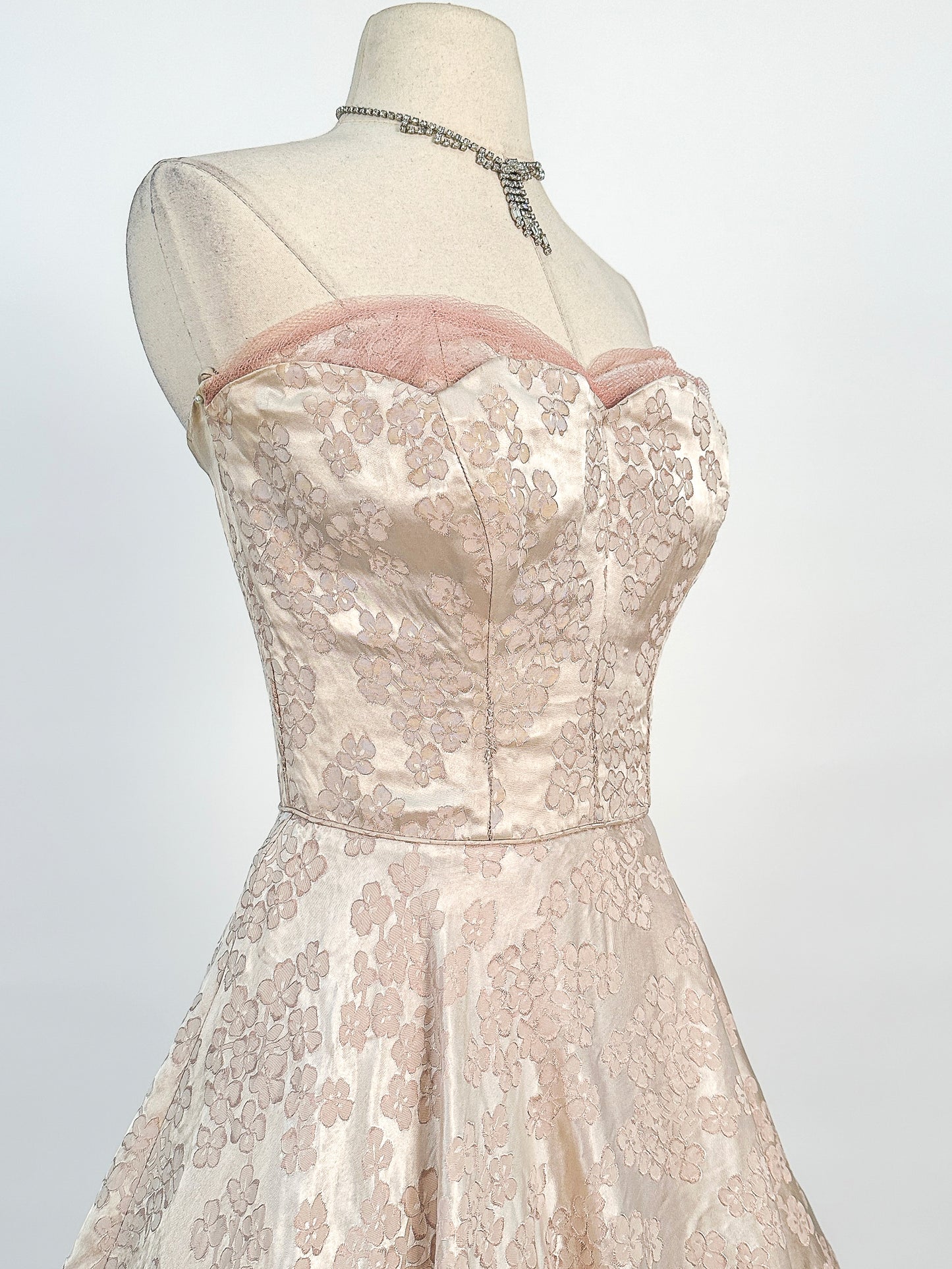 1950s Embossed Satin and Tulle Party Dress / Waist 26