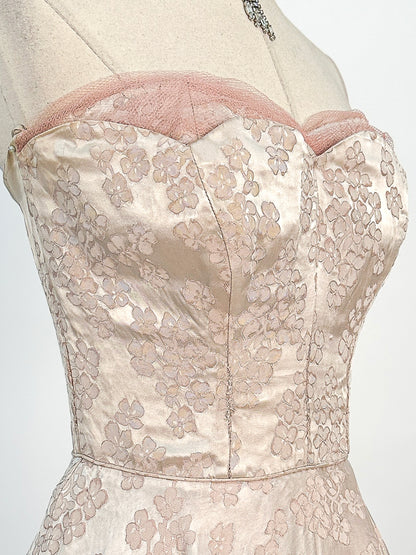 1950s Embossed Satin and Tulle Party Dress / Waist 26