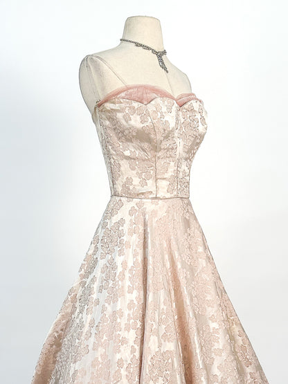 1950s Embossed Satin and Tulle Party Dress / Waist 26