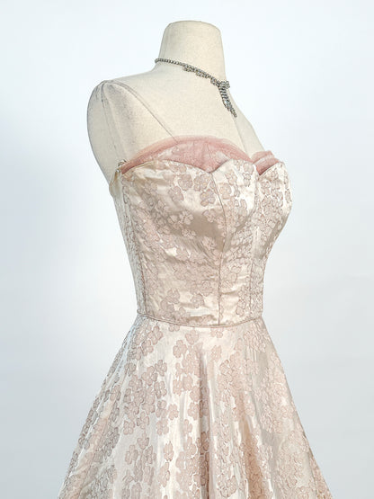 1950s Embossed Satin and Tulle Party Dress / Waist 26