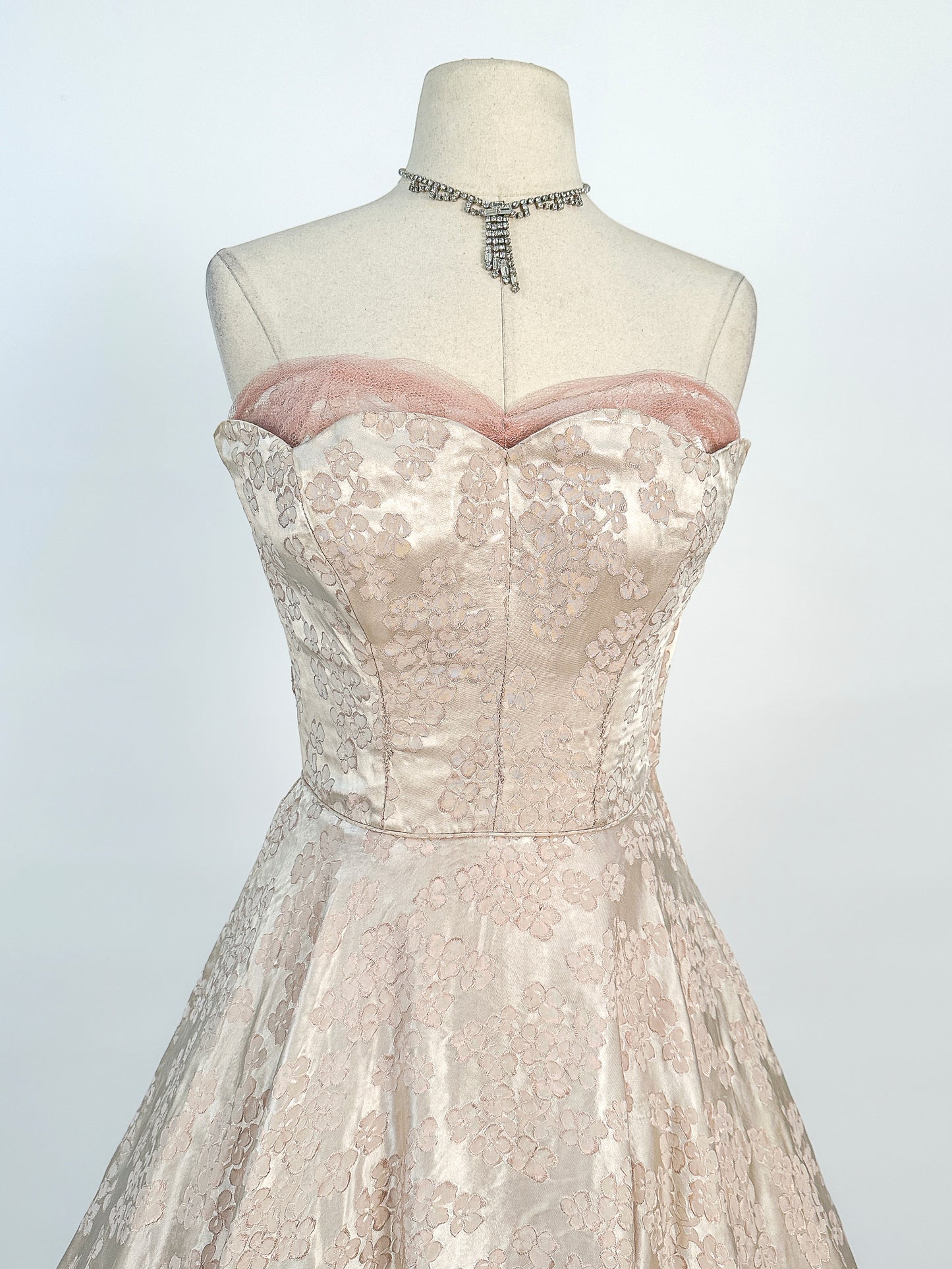1950s Embossed Satin and Tulle Party Dress / Waist 26