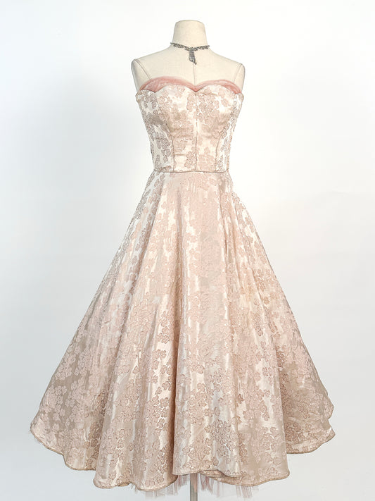 1950s Embossed Satin and Tulle Party Dress / Waist 26