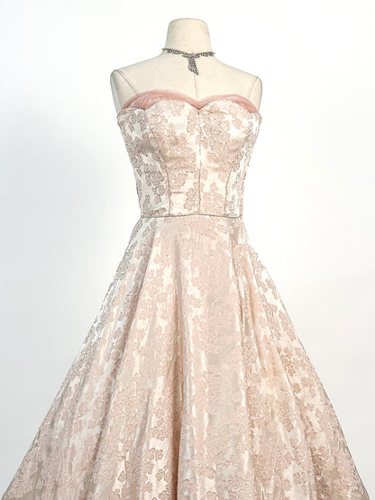 1950s Embossed Satin and Tulle Party Dress / Waist 26
