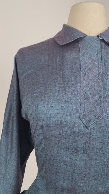 1950s Two-Tone Navy Cotton Dress with Pockets / Waist 28