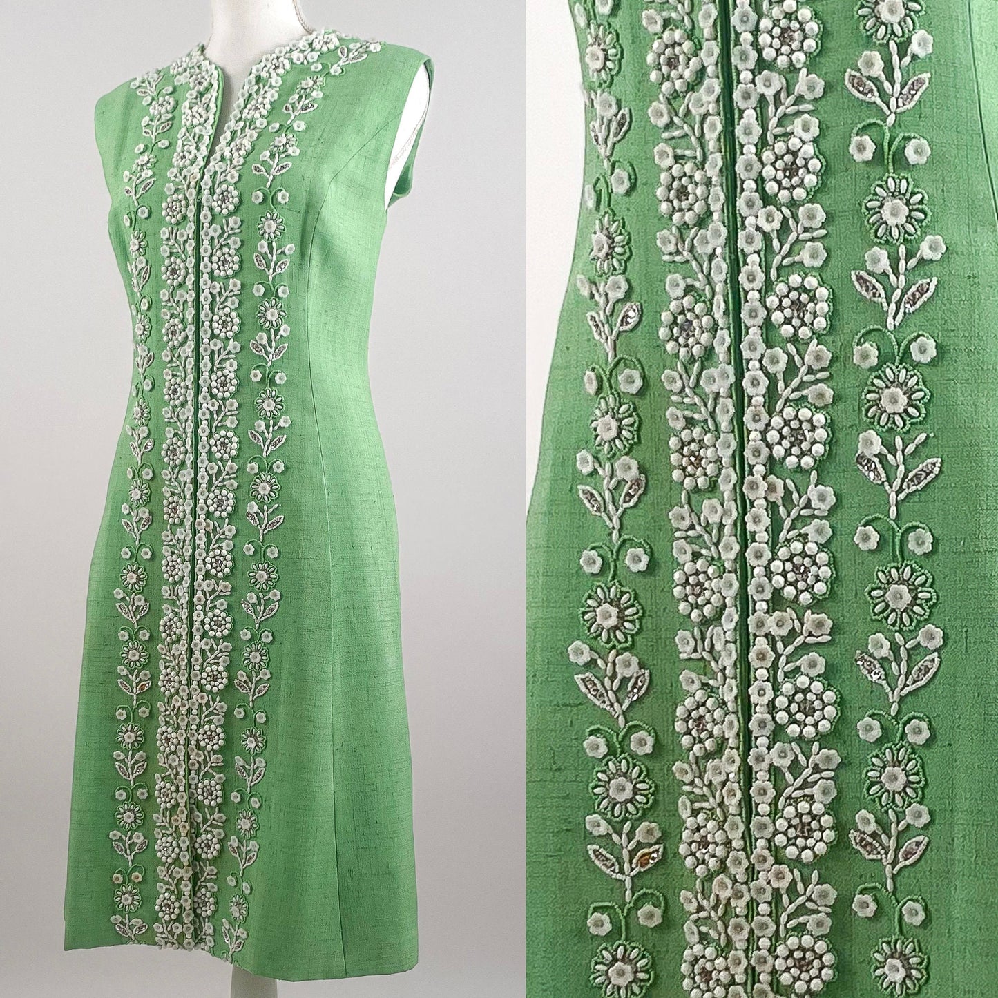 1960s Green Linen Beaded Dress with Glass Beads / Waist 34