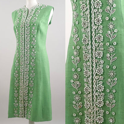 1960s Green Linen Beaded Dress with Glass Beads / Waist 34