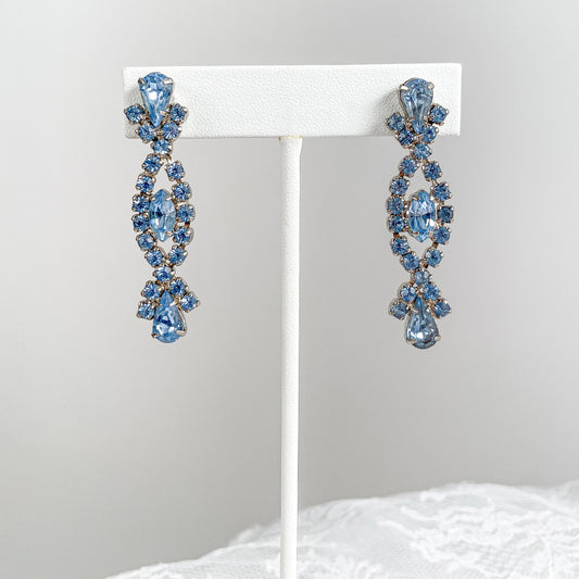 1950s Blue Rhinestone Statement Screw-back Earrings