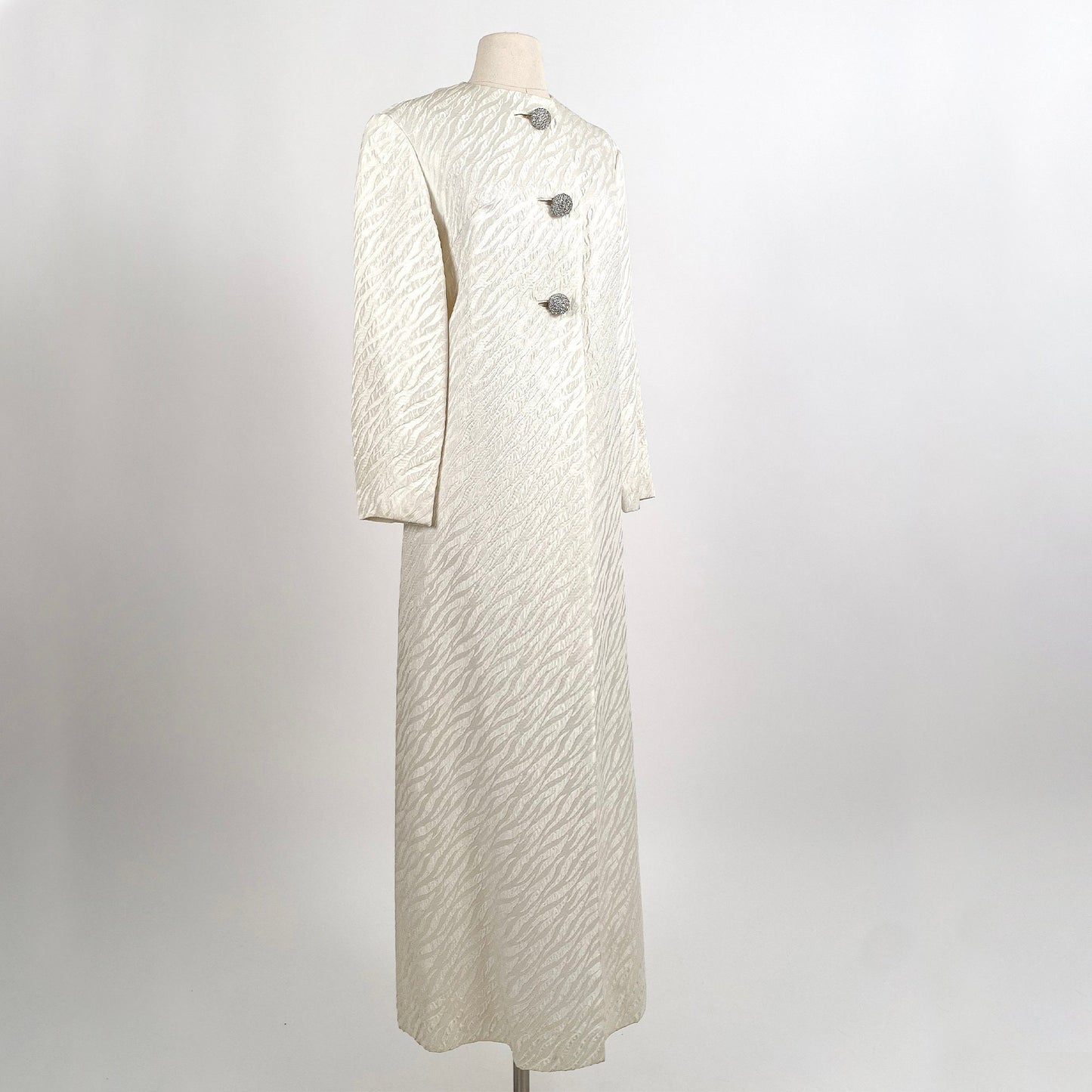1960s White Brocade Evening Coat with Rhinestone Buttons / OSFM