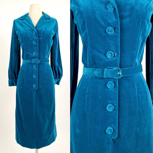 1950s Teal Velvet Wiggle Dress / Waist 26