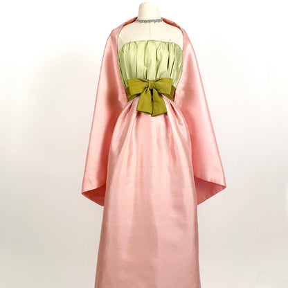 Stunning 1960s Pink & Green Strapless Dress with Wrap by Bob Bugnand for Sam Friedlander / Waist24