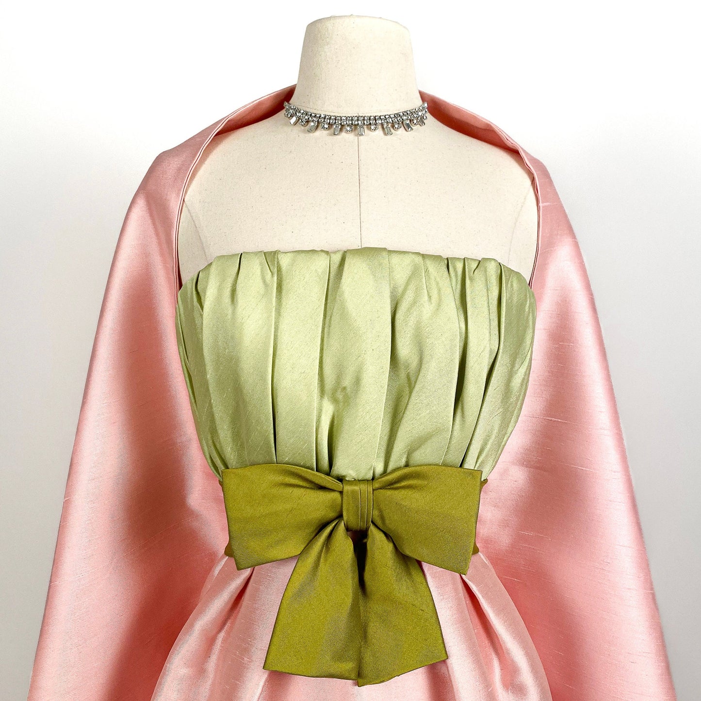 Stunning 1960s Pink & Green Strapless Dress with Wrap by Bob Bugnand for Sam Friedlander / Waist24
