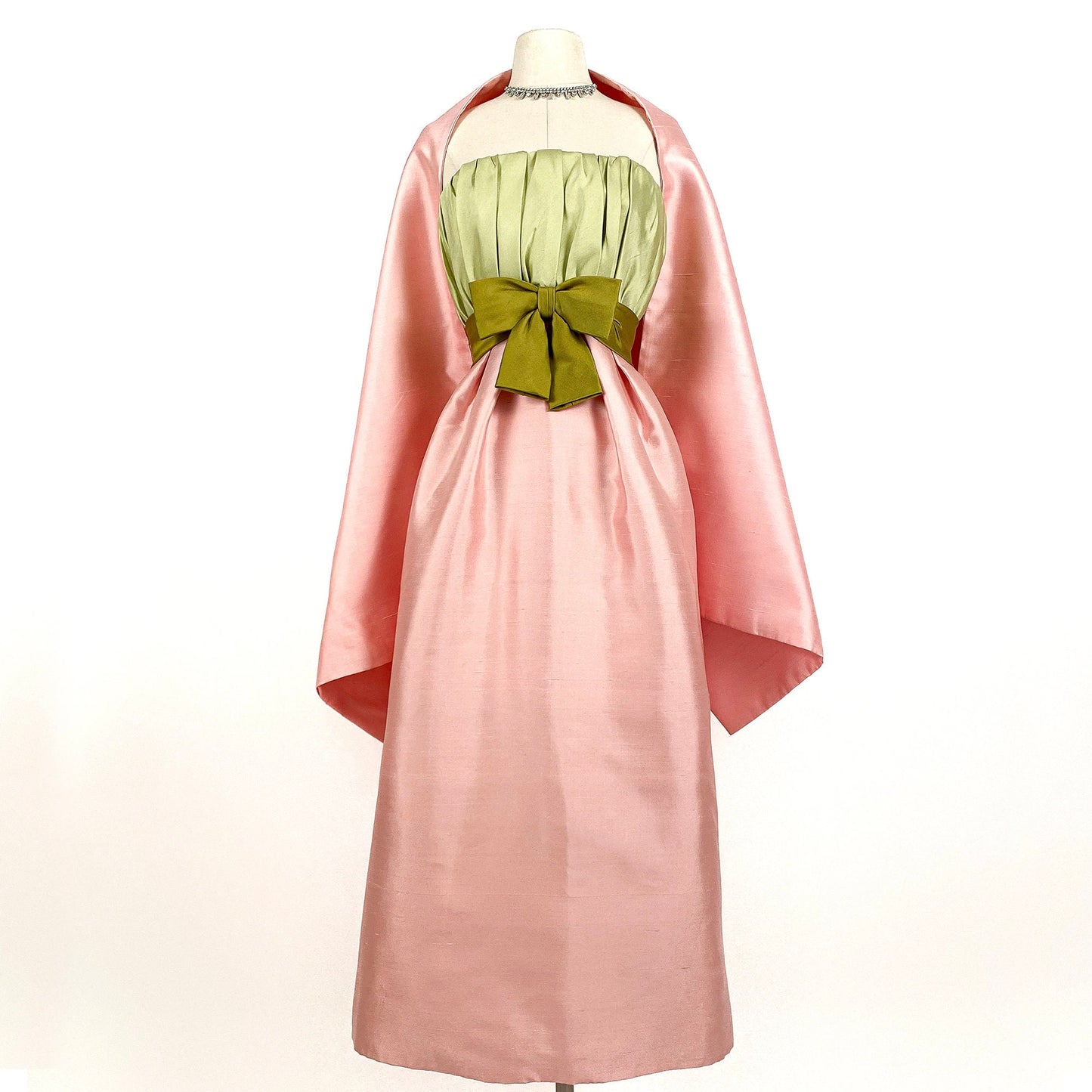 Stunning 1960s Pink & Green Strapless Dress with Wrap by Bob Bugnand for Sam Friedlander / Waist24