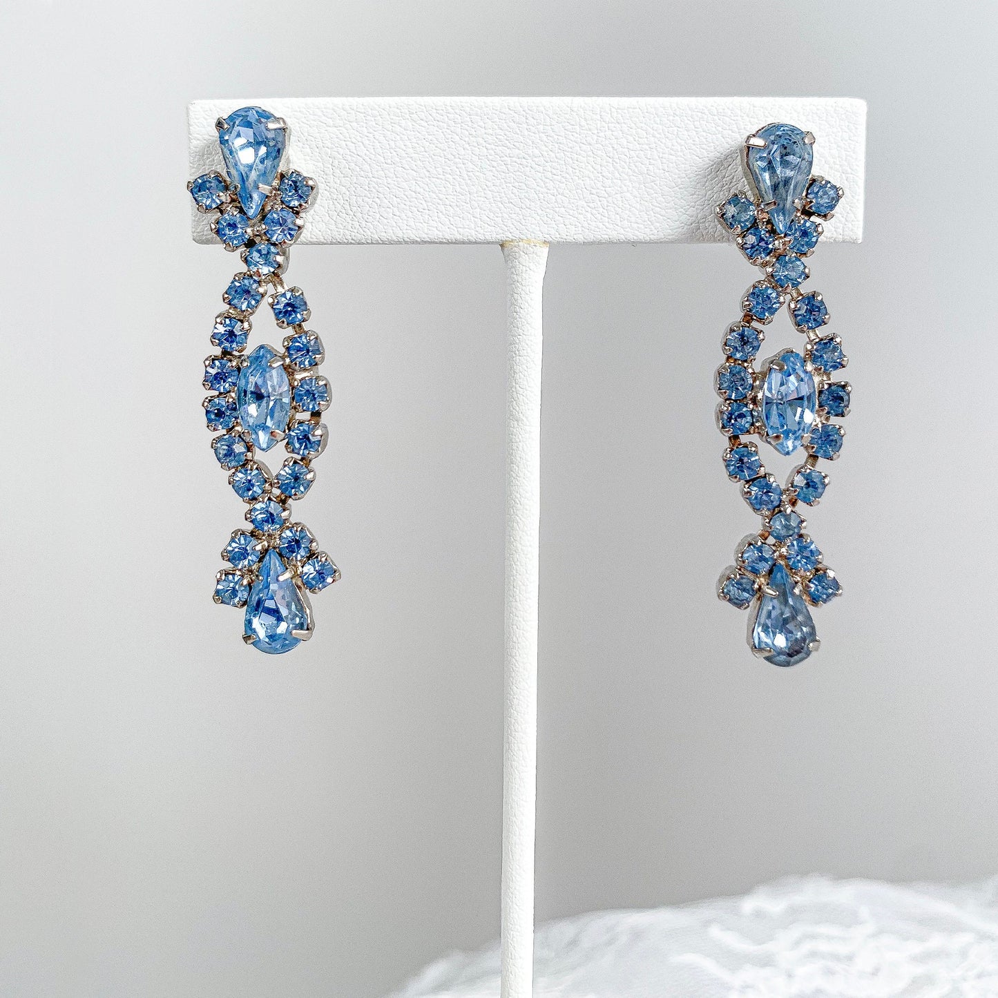 1950s Blue Rhinestone Statement Screw-back Earrings