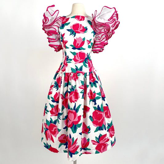 1980s Pink Floral Victor Costa Dress with Ruffled Sleeves / Waist 25