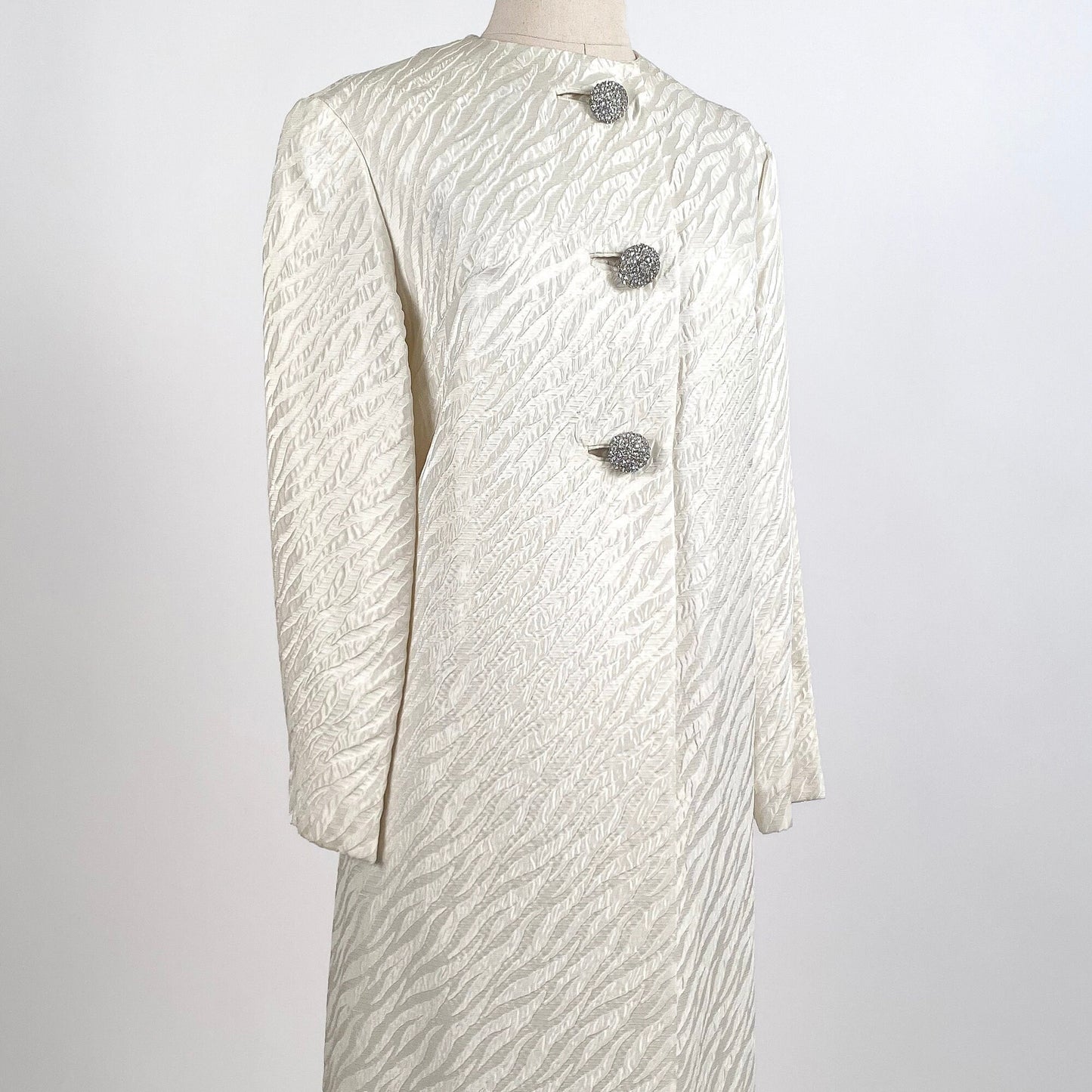 1960s White Brocade Evening Coat with Rhinestone Buttons / OSFM