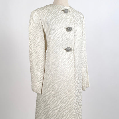 1960s White Brocade Evening Coat with Rhinestone Buttons / OSFM