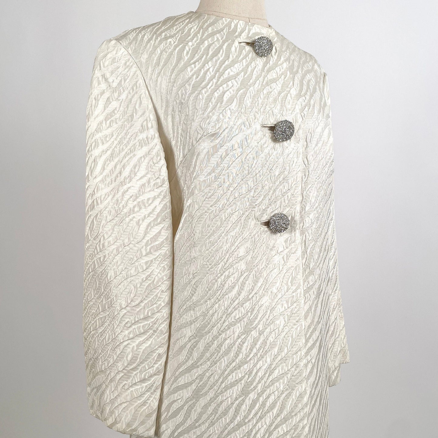 1960s White Brocade Evening Coat with Rhinestone Buttons / OSFM