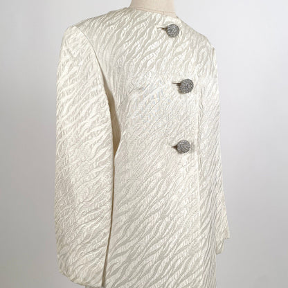 1960s White Brocade Evening Coat with Rhinestone Buttons / OSFM