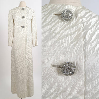 1960s White Brocade Evening Coat with Rhinestone Buttons / OSFM