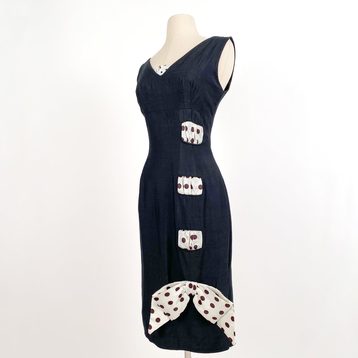1960s Black Linen Wiggle Dress with Polka Dot Ribbon / Waist 28
