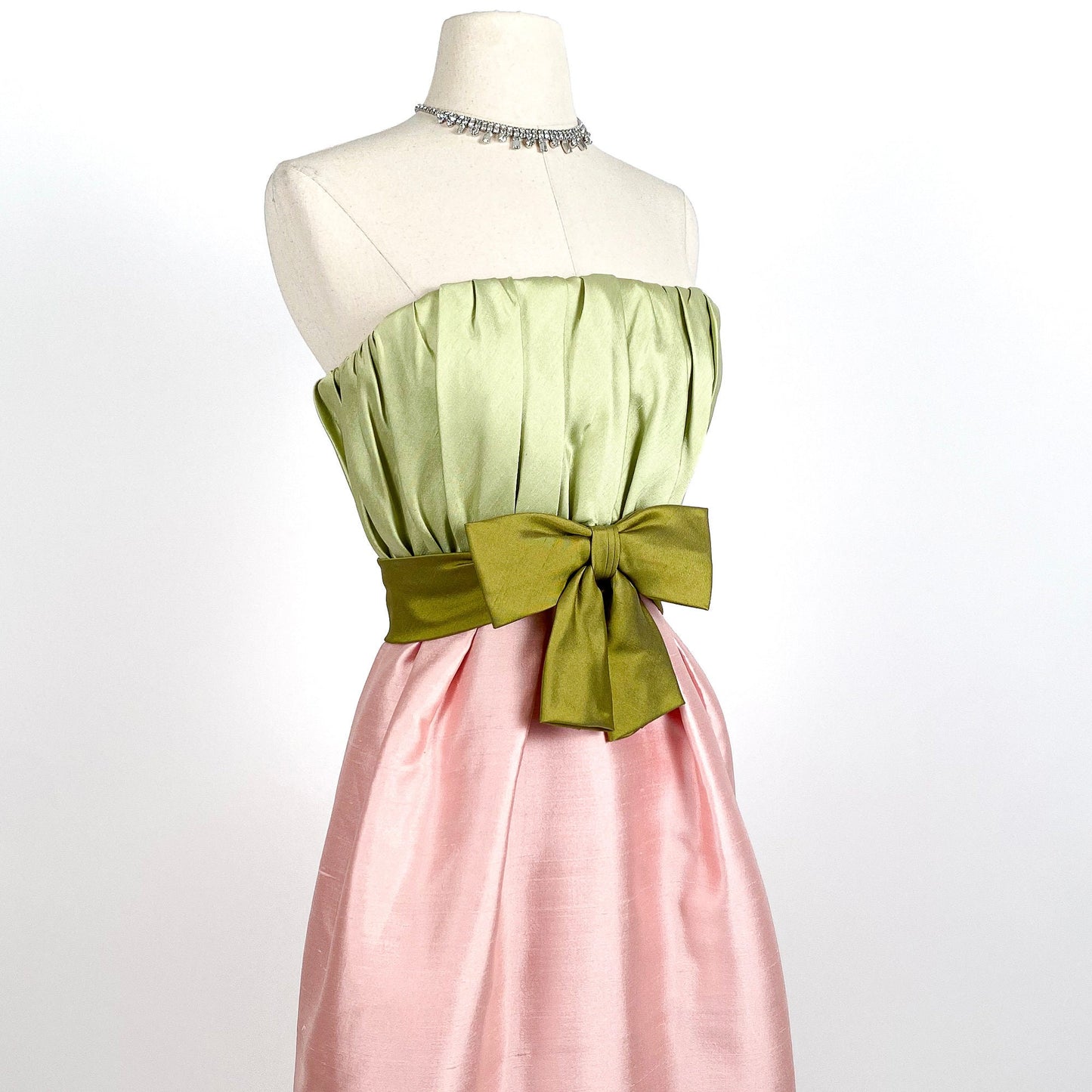 Stunning 1960s Pink & Green Strapless Dress with Wrap by Bob Bugnand for Sam Friedlander / Waist24