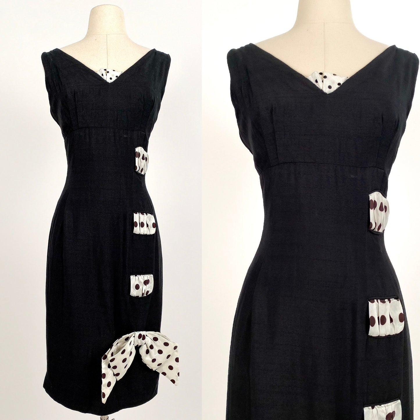 1960s Black Linen Wiggle Dress with Polka Dot Ribbon / Waist 28