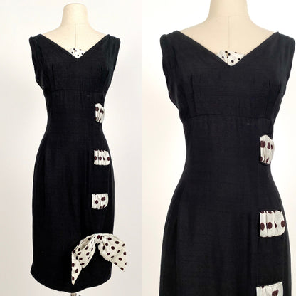 1960s Black Linen Wiggle Dress with Polka Dot Ribbon / Waist 28