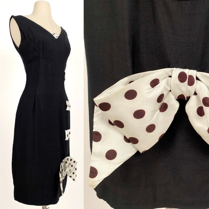 1960s Black Linen Wiggle Dress with Polka Dot Ribbon / Waist 28