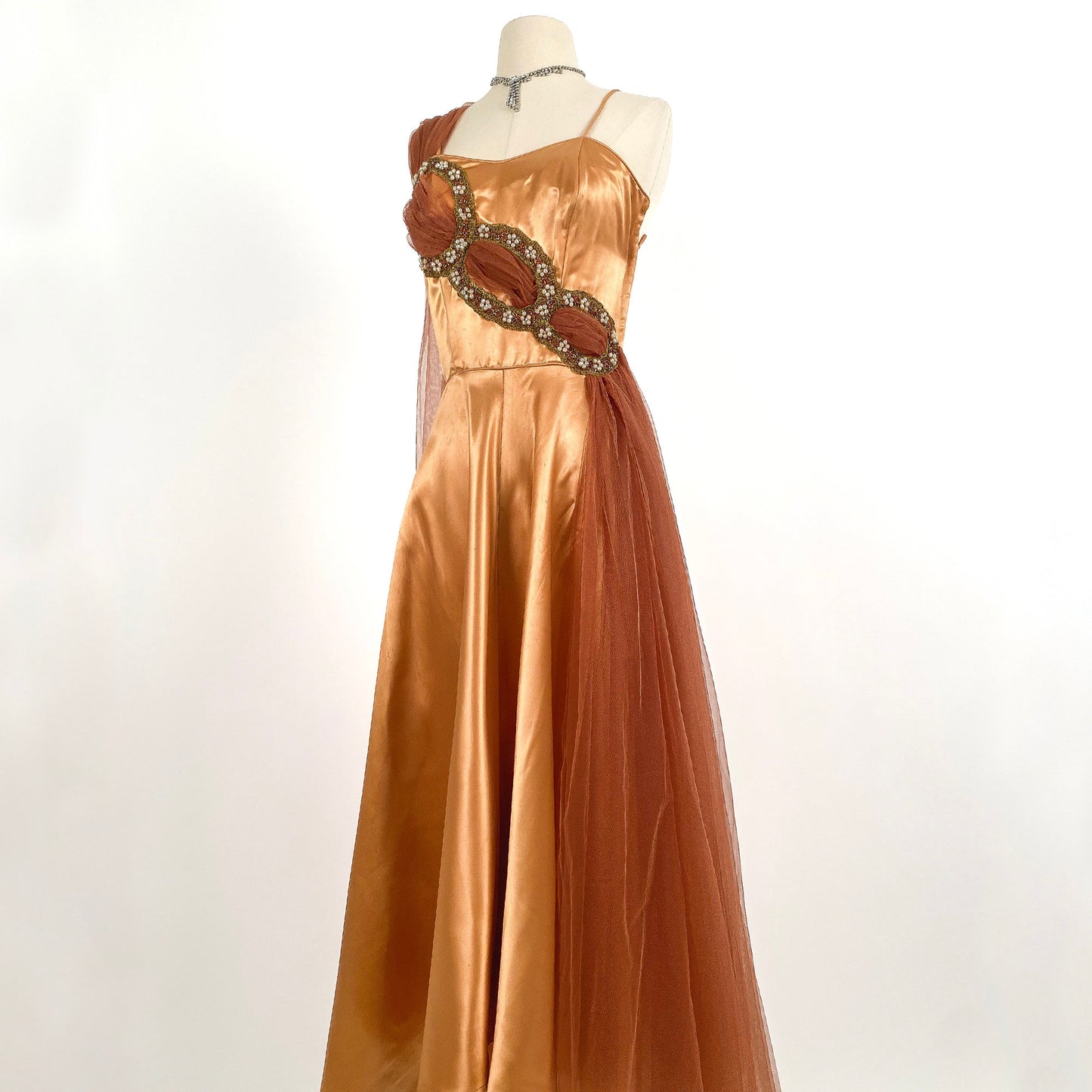 1950s Ultra Glamorous Bronze Liquid Satin Dress with Tulle Sash by Emma Domb / Waist 26