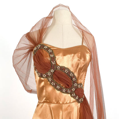 1950s Ultra Glamorous Bronze Liquid Satin Dress with Tulle Sash by Emma Domb / Waist 26