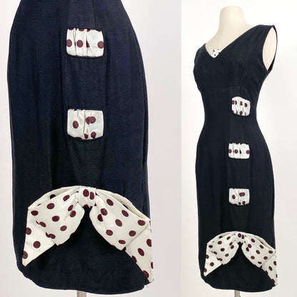 1960s Black Linen Wiggle Dress with Polka Dot Ribbon / Waist 28