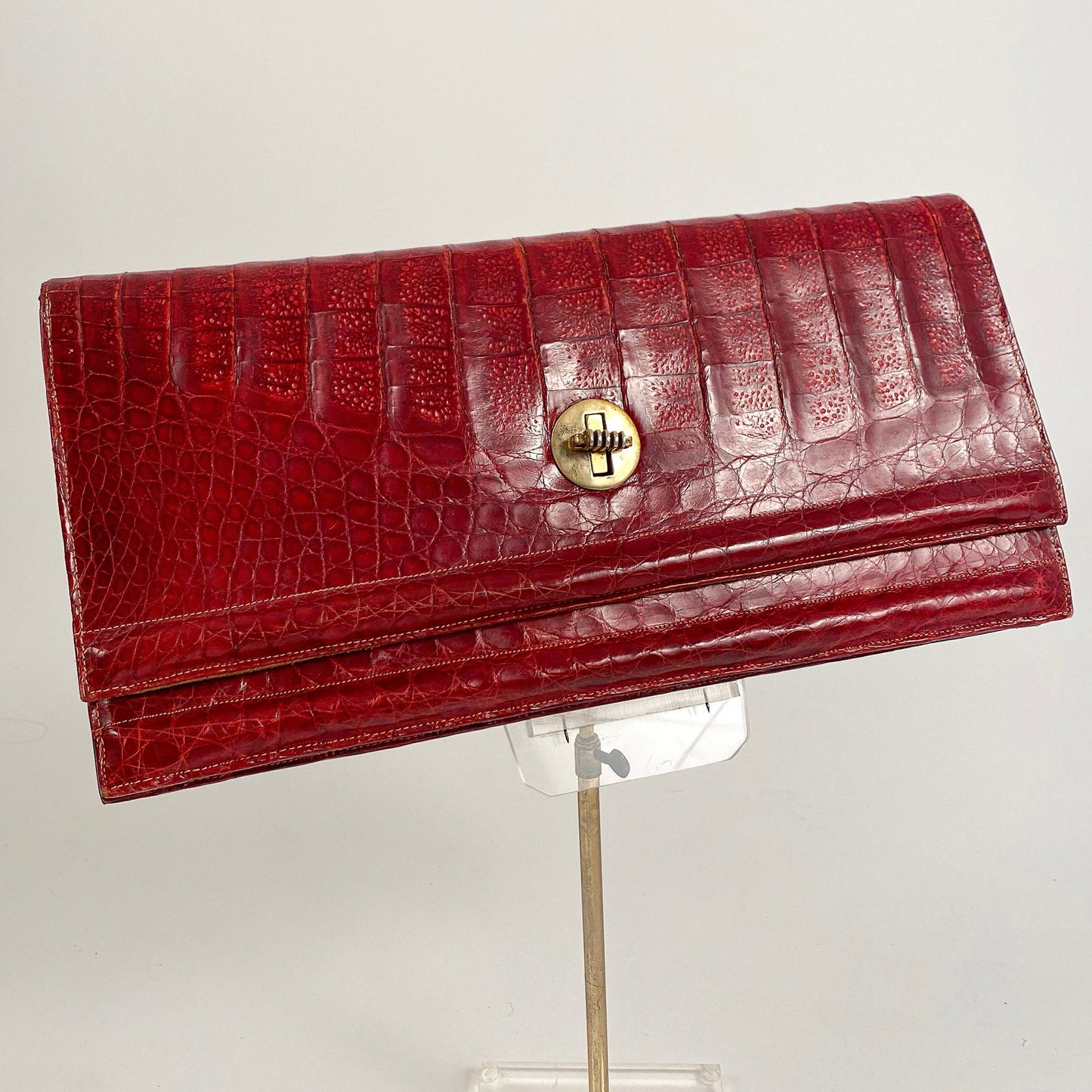 1940s Striking Red Leather Clutch with Suede Lining