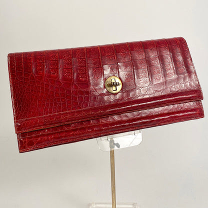 1940s Striking Red Leather Clutch with Suede Lining