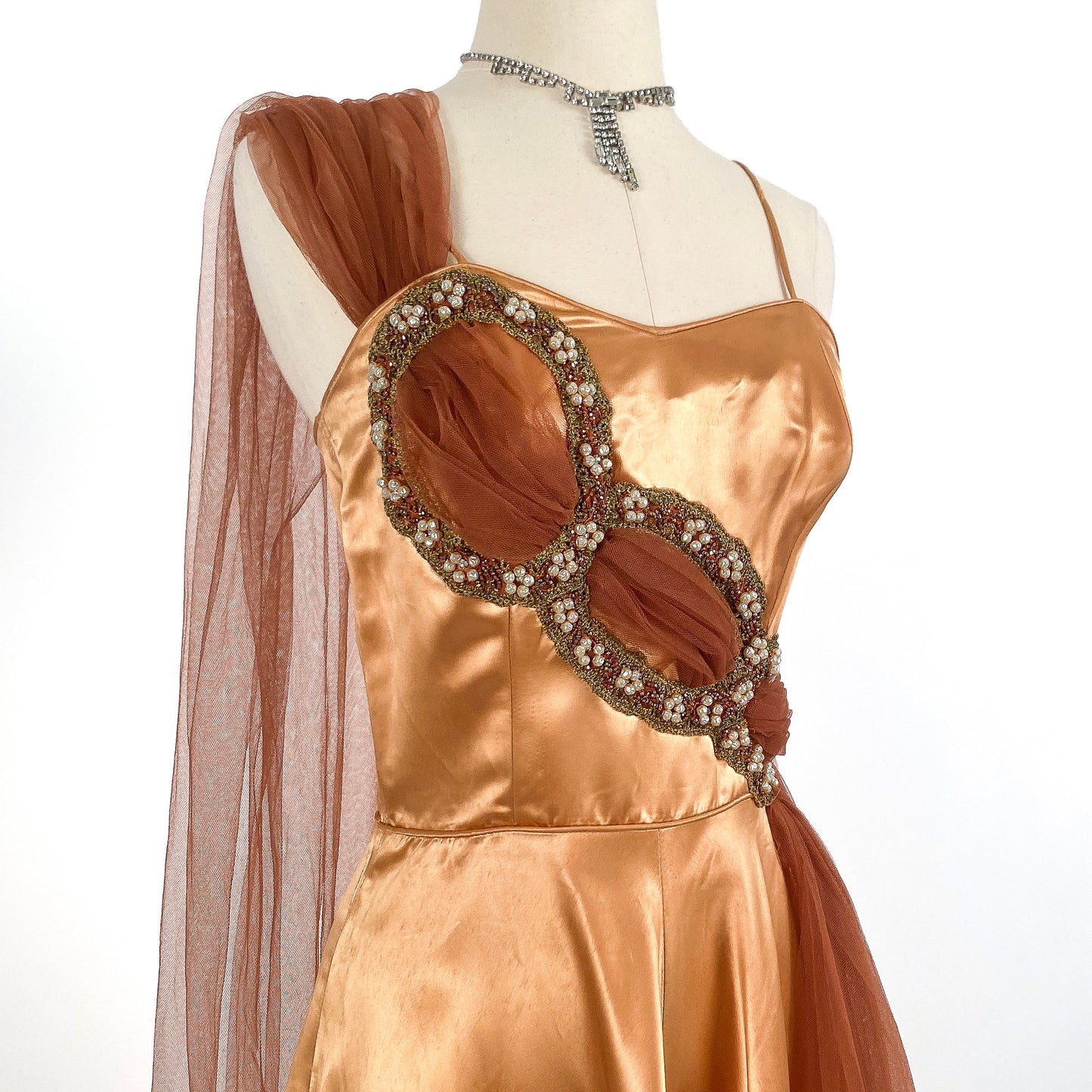 1950s Ultra Glamorous Bronze Liquid Satin Dress with Tulle Sash by Emma Domb / Waist 26