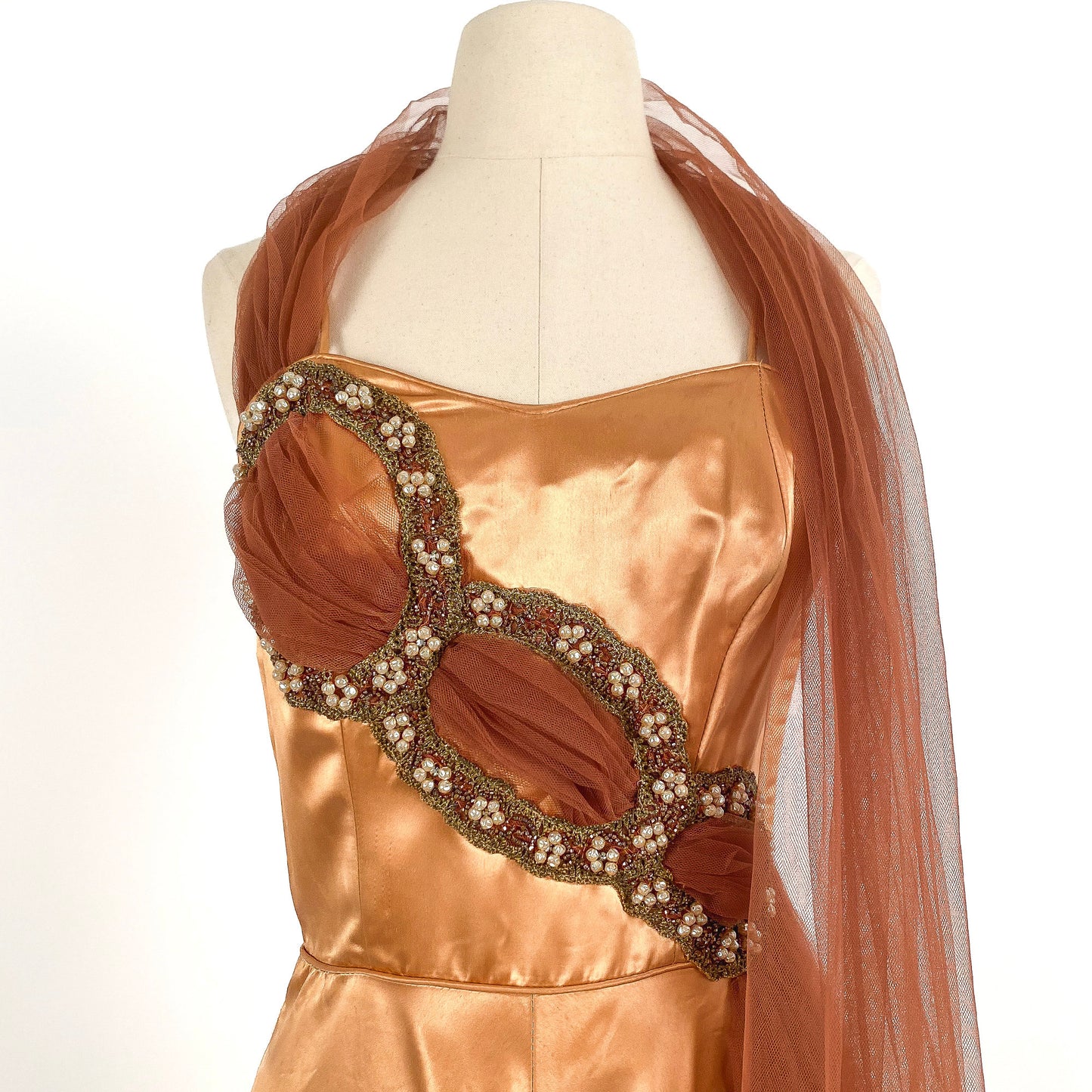 1950s Ultra Glamorous Bronze Liquid Satin Dress with Tulle Sash by Emma Domb / Waist 26