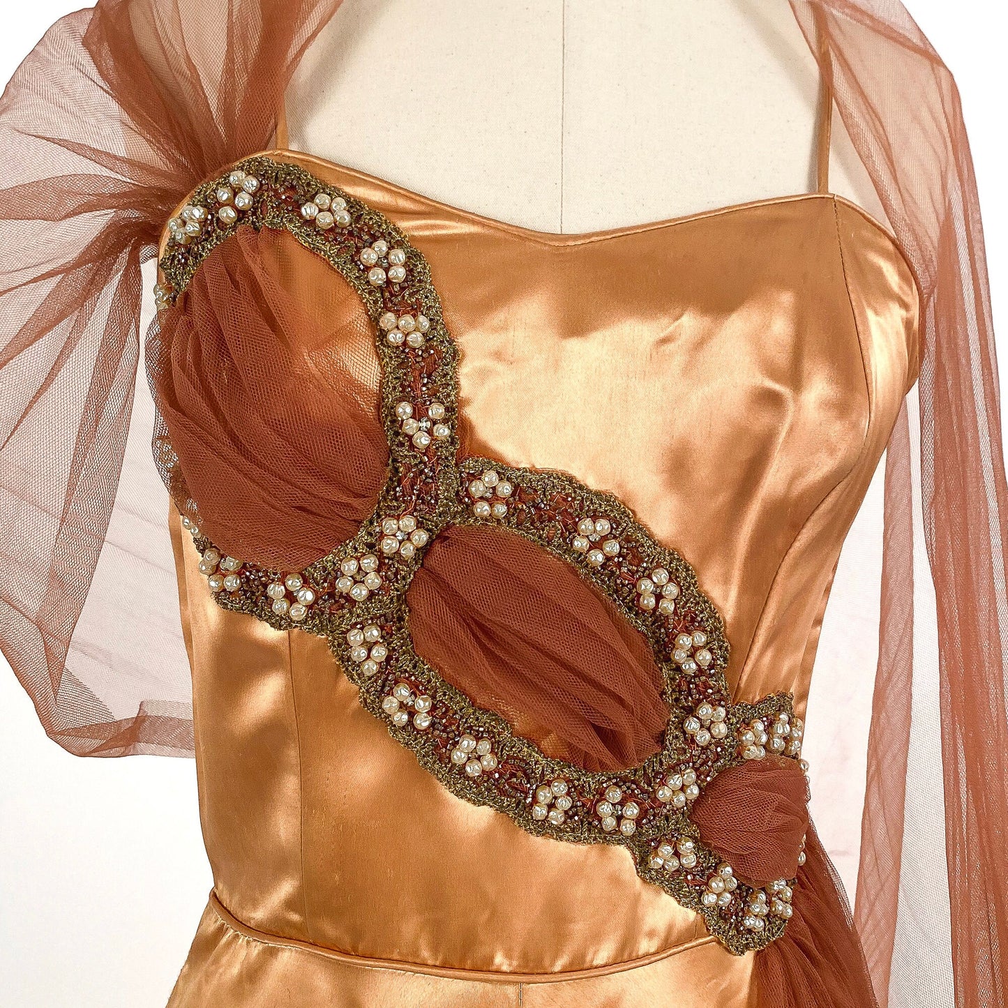1950s Ultra Glamorous Bronze Liquid Satin Dress with Tulle Sash by Emma Domb / Waist 26