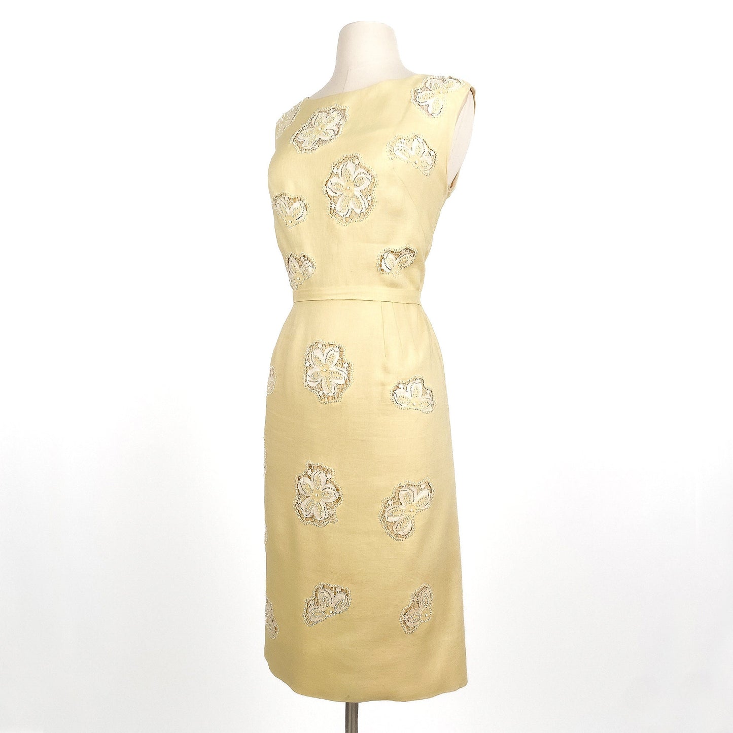 1950s Yellow Linen Dress with Beaded Lace and Beaded Inserts / Waist 30