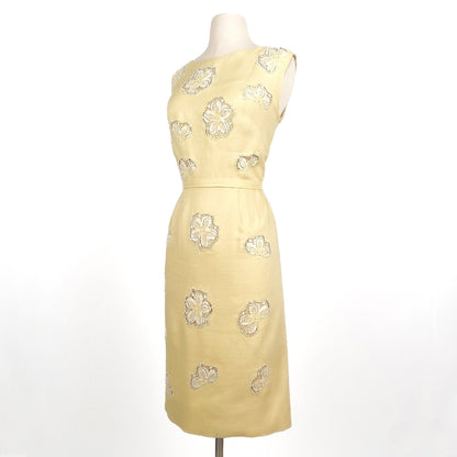 1950s Yellow Linen Dress with Beaded Lace and Beaded Inserts / Waist 30