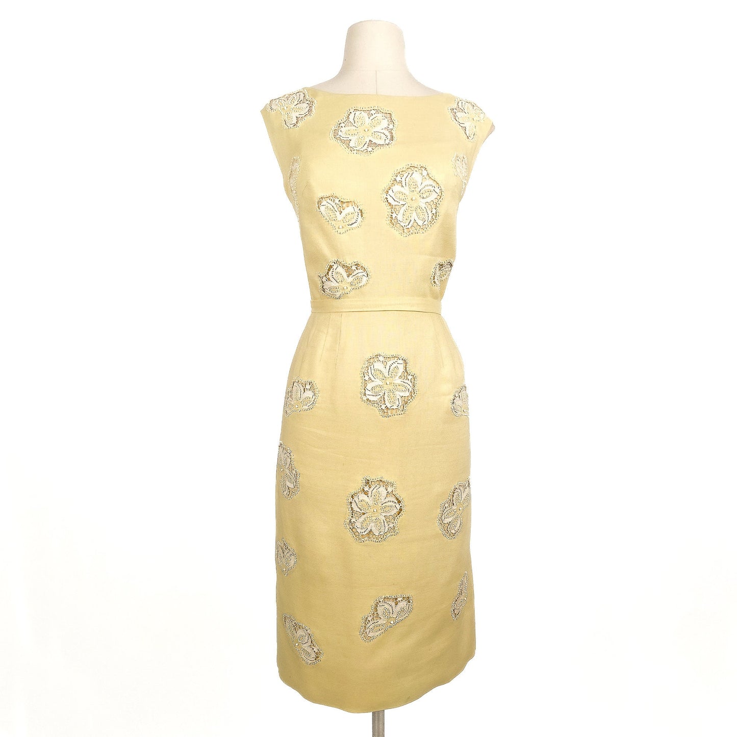 1950s Yellow Linen Dress with Beaded Lace and Beaded Inserts / Waist 30