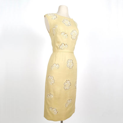 1950s Yellow Linen Dress with Beaded Lace and Beaded Inserts / Waist 30