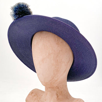 1950-60s Navy Straw Hat with Raffia Pompom / One Size