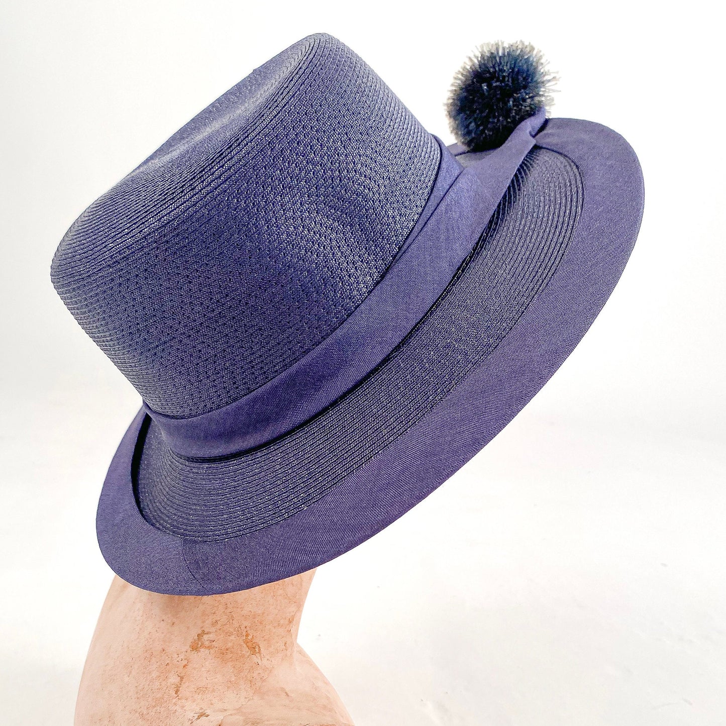 1950-60s Navy Straw Hat with Raffia Pompom / One Size