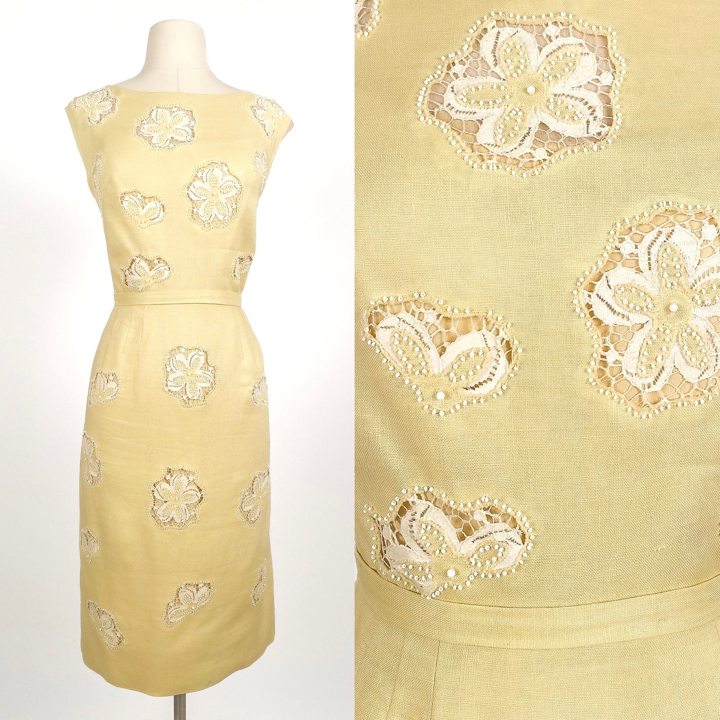 1950s Yellow Linen Dress with Beaded Lace and Beaded Inserts / Waist 30