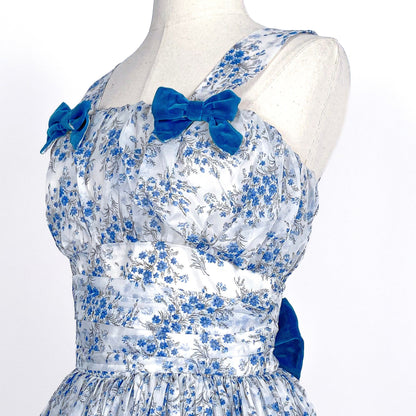 Stunning 1950s Chiffon Blue Floral Party Dress / Waist 26