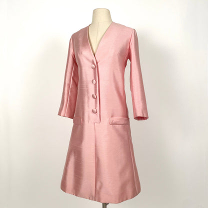 1960s Silk Pink Dress with Beaded Collar by Milgrim / Waist 36