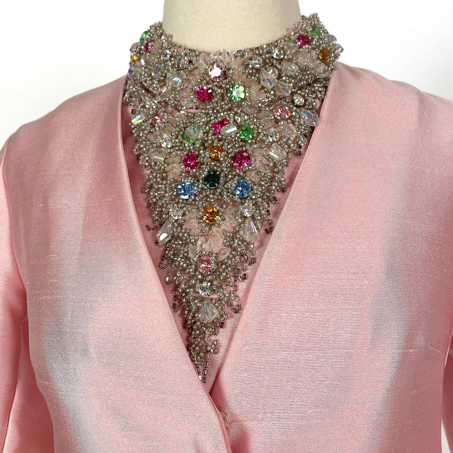 1960s Silk Pink Dress with Beaded Collar by Milgrim / Waist 36