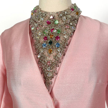 1960s Silk Pink Dress with Beaded Collar by Milgrim / Waist 36